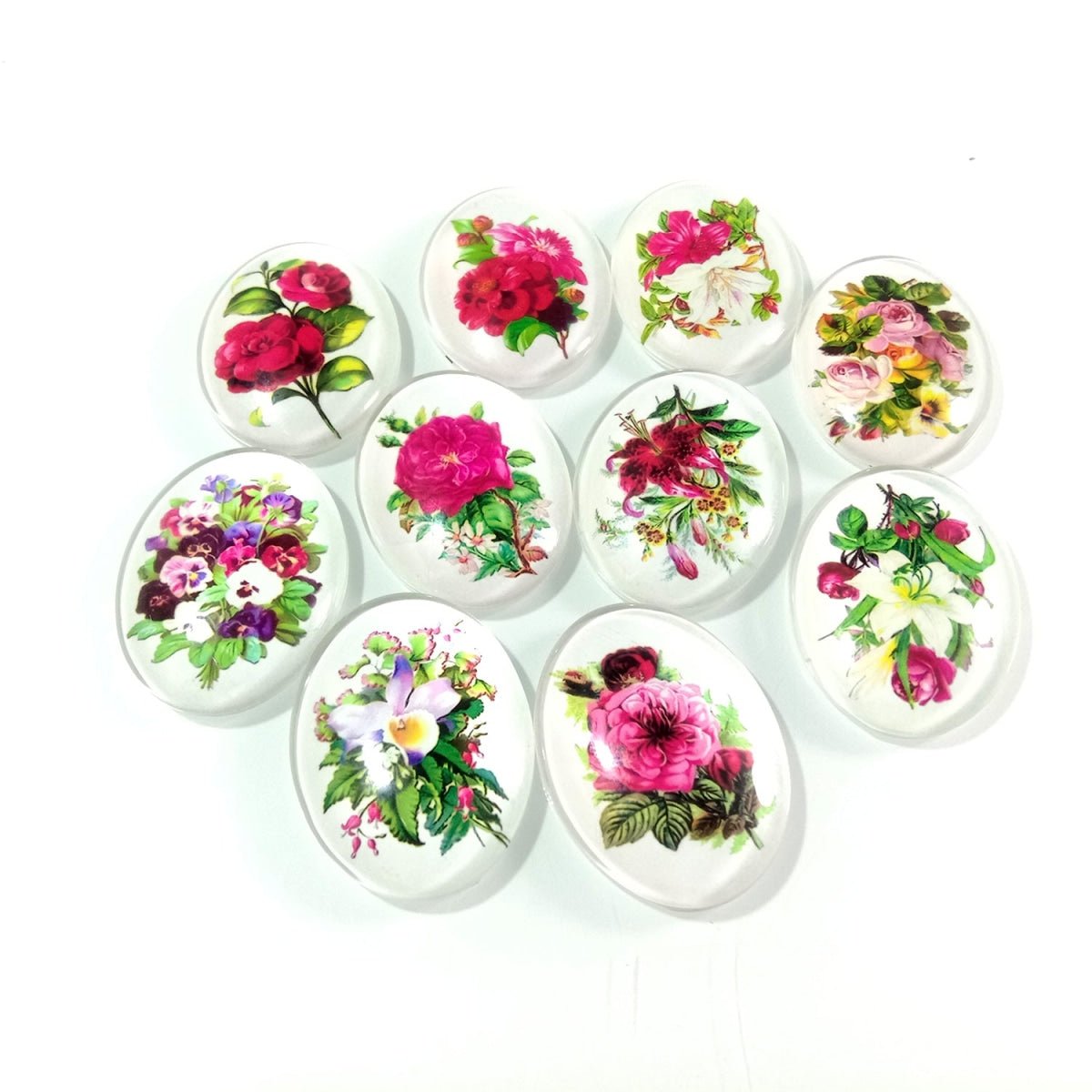 10pcs 13x18mm/18x25mm/30x40mm Oval Photo Glass Cabochon Vintage Flowers Rose Daisy Flat Back - 13x18mm White - Asia Sell