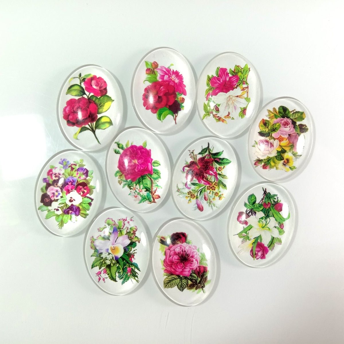 10pcs 13x18mm/18x25mm/30x40mm Oval Photo Glass Cabochon Vintage Flowers Rose Daisy Flat Back - 30x40mm White - - Asia Sell