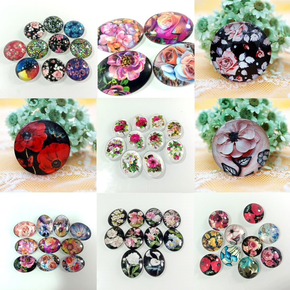 10pcs 20mm Mixed Round Flower Glass Cabochon for Bracelet Necklace Earrings Jewellery Crafts - Set 1 - Asia Sell