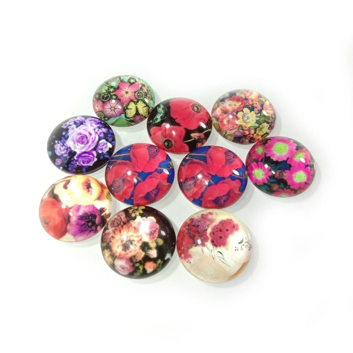 10pcs 20mm Mixed Round Flower Glass Cabochon for Bracelet Necklace Earrings Jewellery Crafts - Set 1 - Asia Sell