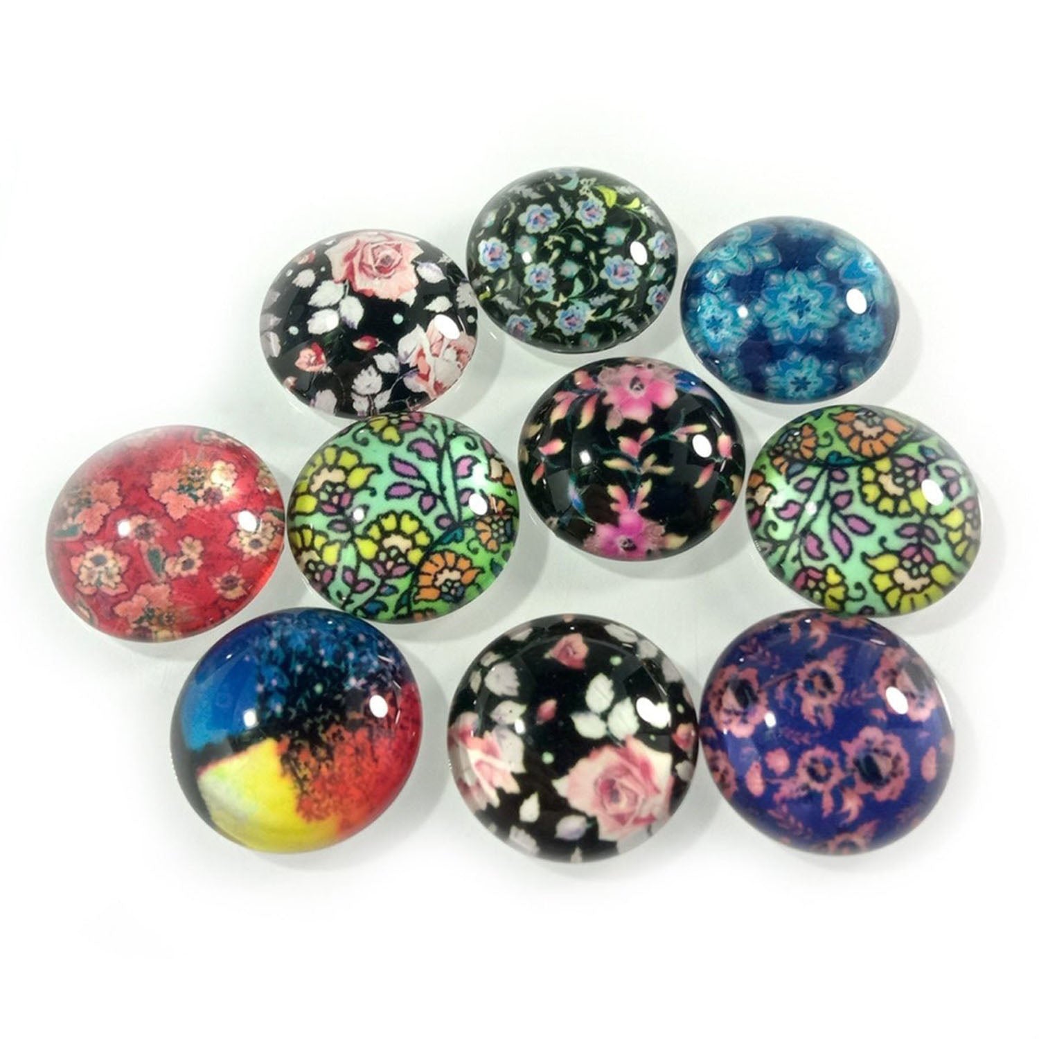 10pcs 20mm Mixed Round Flower Glass Cabochon for Bracelet Necklace Earrings Jewellery Crafts - Set 2 - Asia Sell