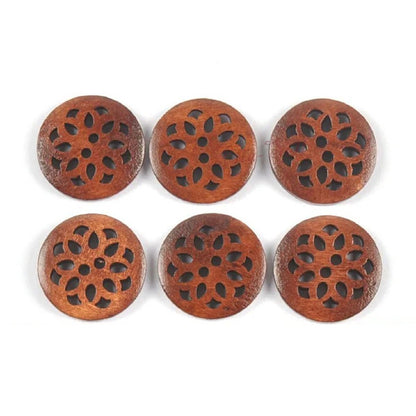 10pcs 24mm Carved Wooden Buttons Brown Cut-Out 2-Hole Coat Boots Upholstery Flower Sewing Clothes - Brown - Asia Sell