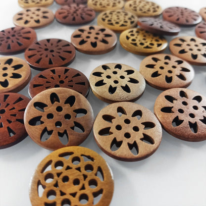 10pcs 24mm Carved Wooden Buttons Brown Cut-Out 2-Hole Coat Boots Upholstery Flower Sewing Clothes - Copper Brown - Asia Sell