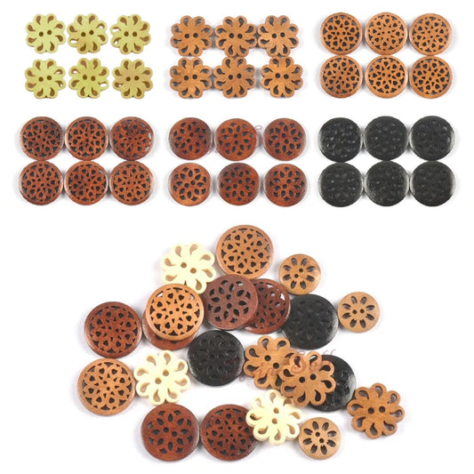 10pcs 24mm Carved Wooden Buttons Brown Cut-Out 2-Hole Coat Boots Upholstery Flower Sewing Clothes - Copper Brown - Asia Sell