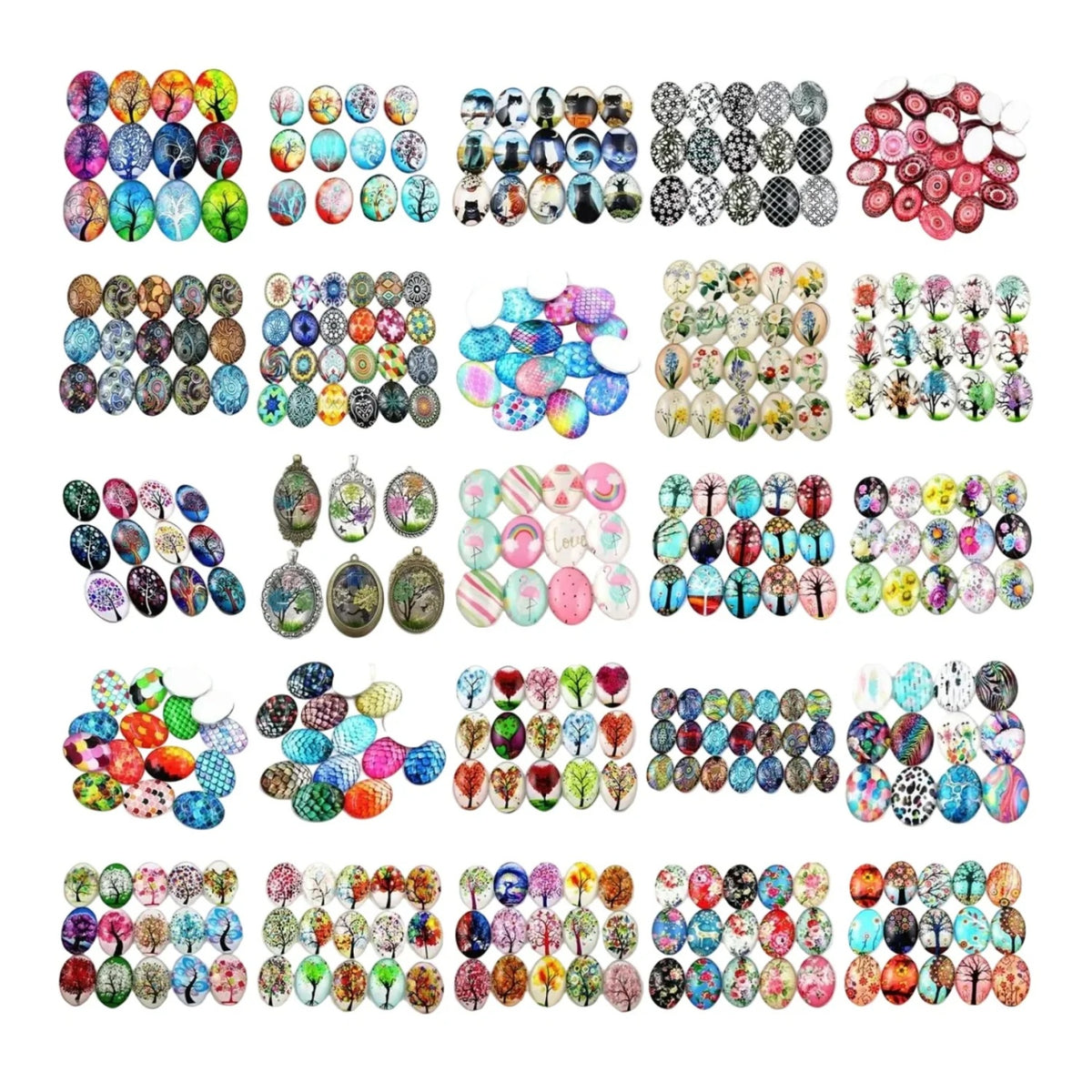 10pcs Glass Cabochons Flower Tree Life Handmade Oval Shape 18x25mm Jewellery Accessories