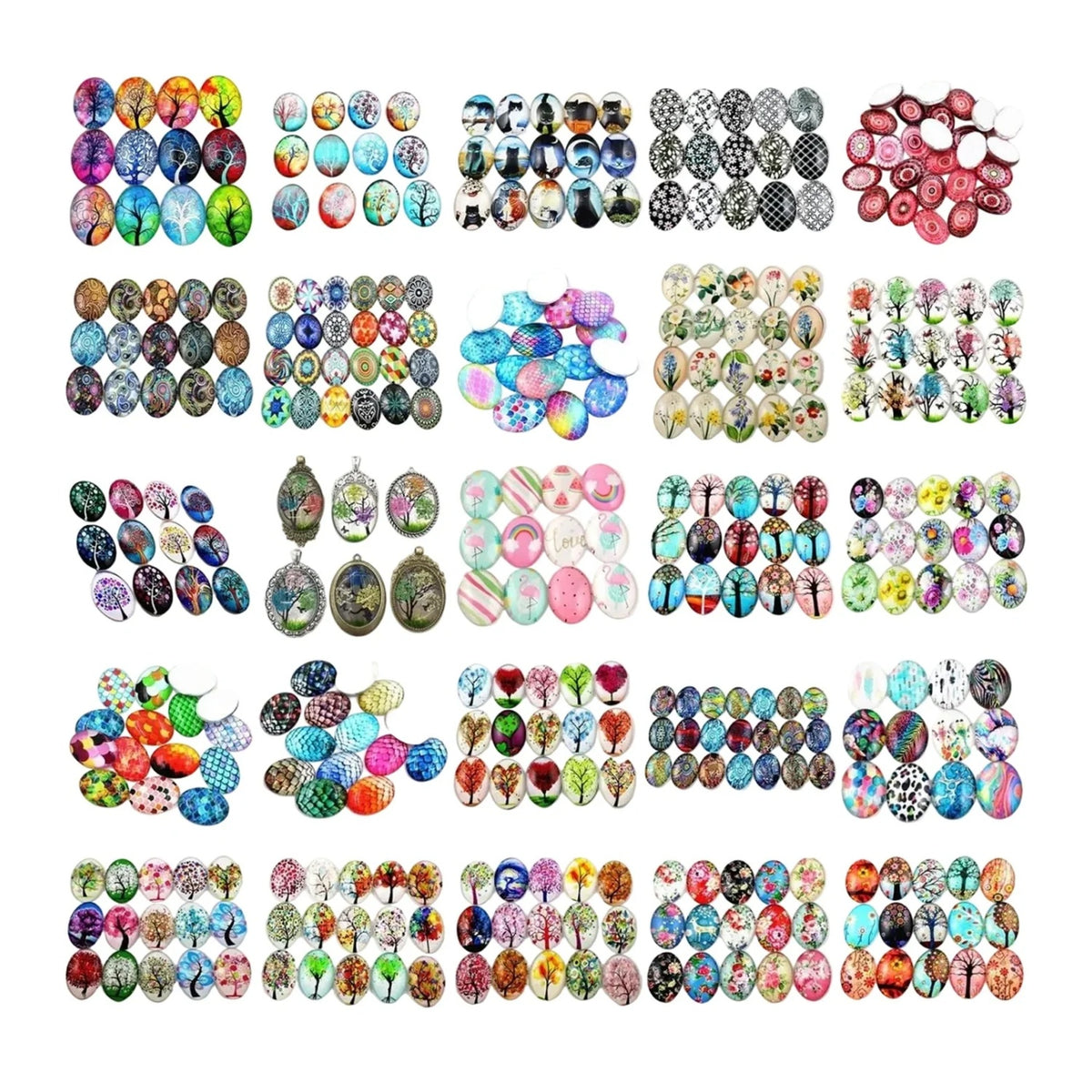 10pcs Glass Cabochons Flower Tree Life Handmade Oval Shape 18x25mm Jewellery Accessories