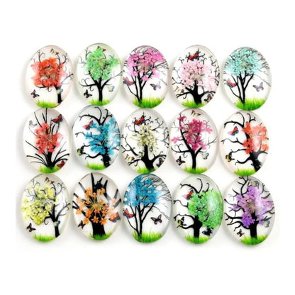 10pcs Glass Cabochons Flower Tree Life Handmade Oval Shape 18x25mm Jewellery Accessories