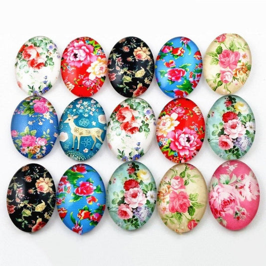 10pcs Glass Cabochons Oval Shape 18x25mm Jewellery Accessories Flower Design 3 - Asia Sell