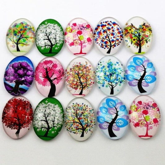10pcs Glass Cabochons Oval Shape 18x25mm Jewellery Accessories Trees Design 5 - Asia Sell