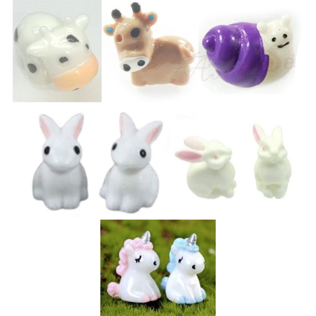10pcs Miniature Mini Garden Cow Rabbit Snail Unicorn Animal Figurines Craft Set B - White Cows - - Asia Sell