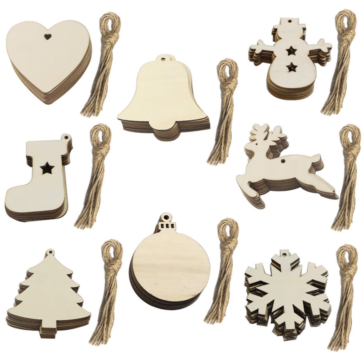 10pcs Wooden Blanks with Thread Christmas Hanging Ornament Forms Tree Bell Star Bauble Snowflake for DIY Craft - Gingerbread Man - - Asia Sell