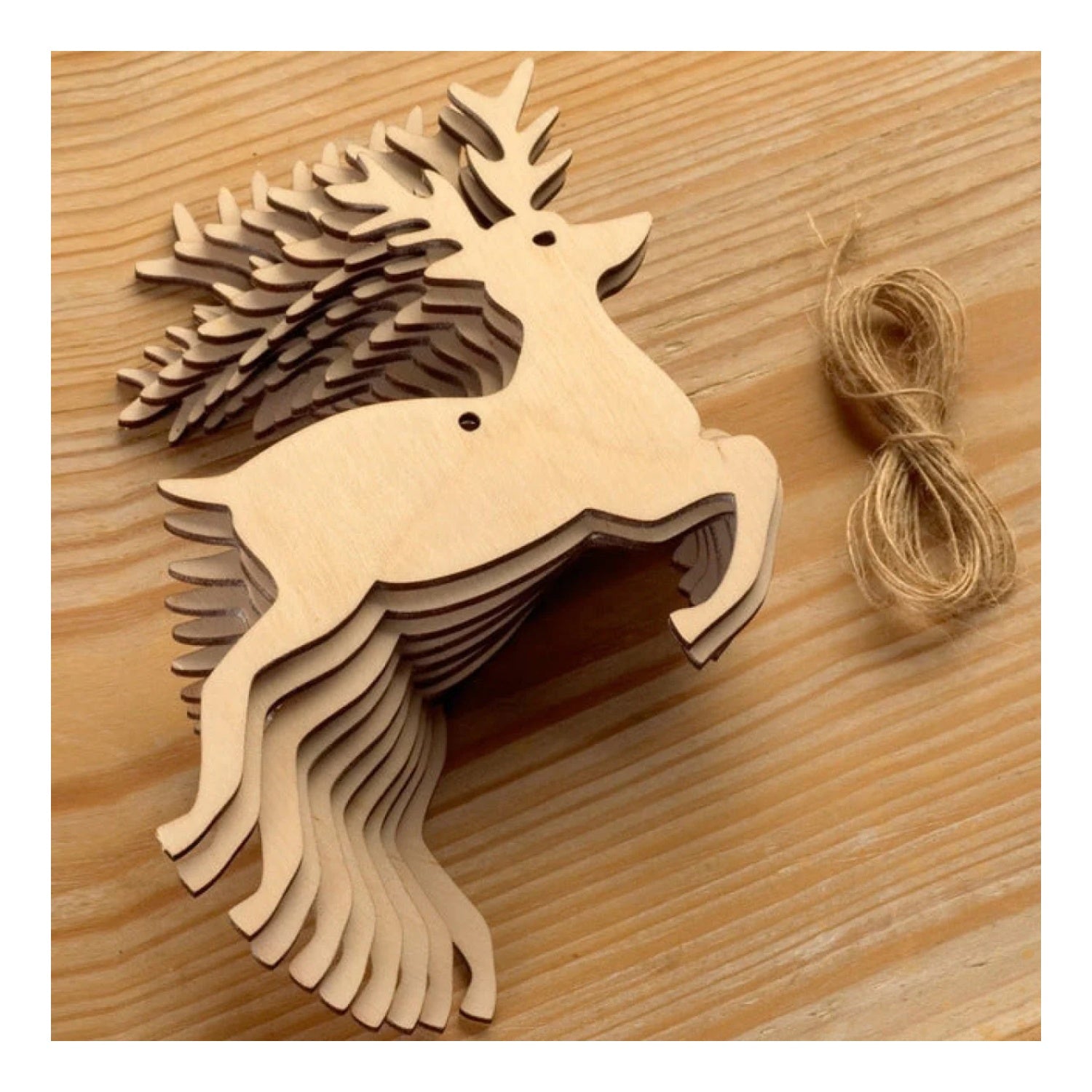 10pcs Wooden Blanks with Thread Christmas Hanging Ornament Forms Tree Bell Star Bauble Snowflake for DIY Craft - Reindeer 2 - Asia Sell