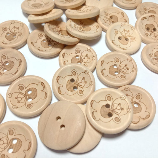 10pcs Wooden Buttons 15mm-25mm 2-Holes Teddy Pattern Round for Handmade Clothes - 15mm - Asia Sell