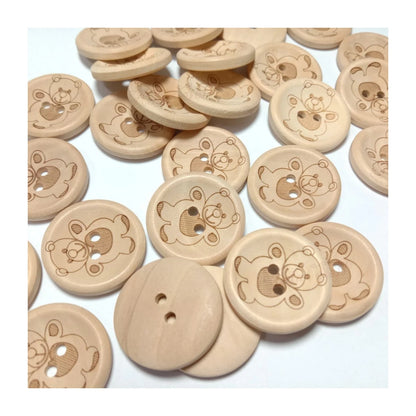 10pcs Wooden Buttons 15mm-25mm 2-Holes Teddy Pattern Round for Handmade Clothes - 15mm - Asia Sell