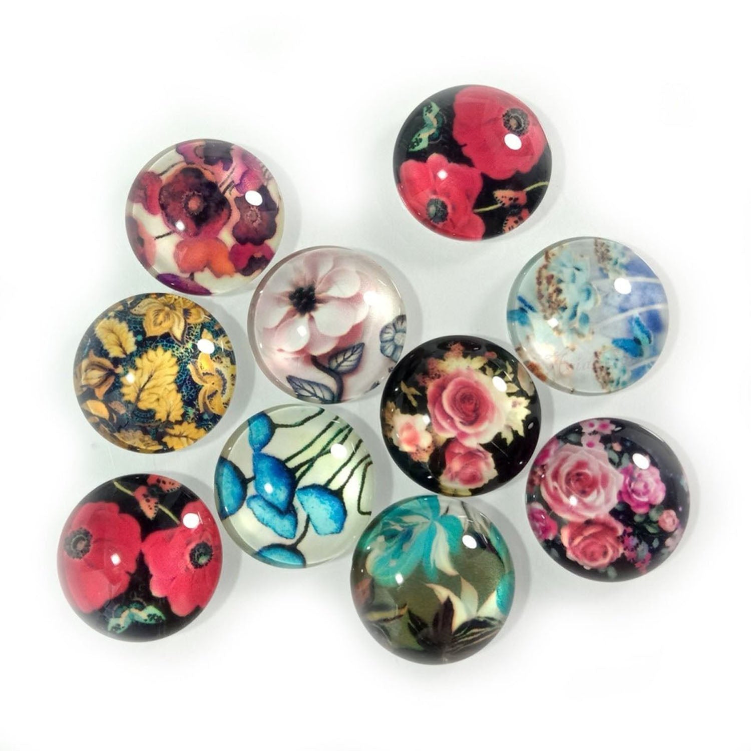 10pcs 20mm Mixed Round Flower Glass Cabochon for Bracelet Necklace Earrings Jewellery Crafts - Set 3 - Asia Sell