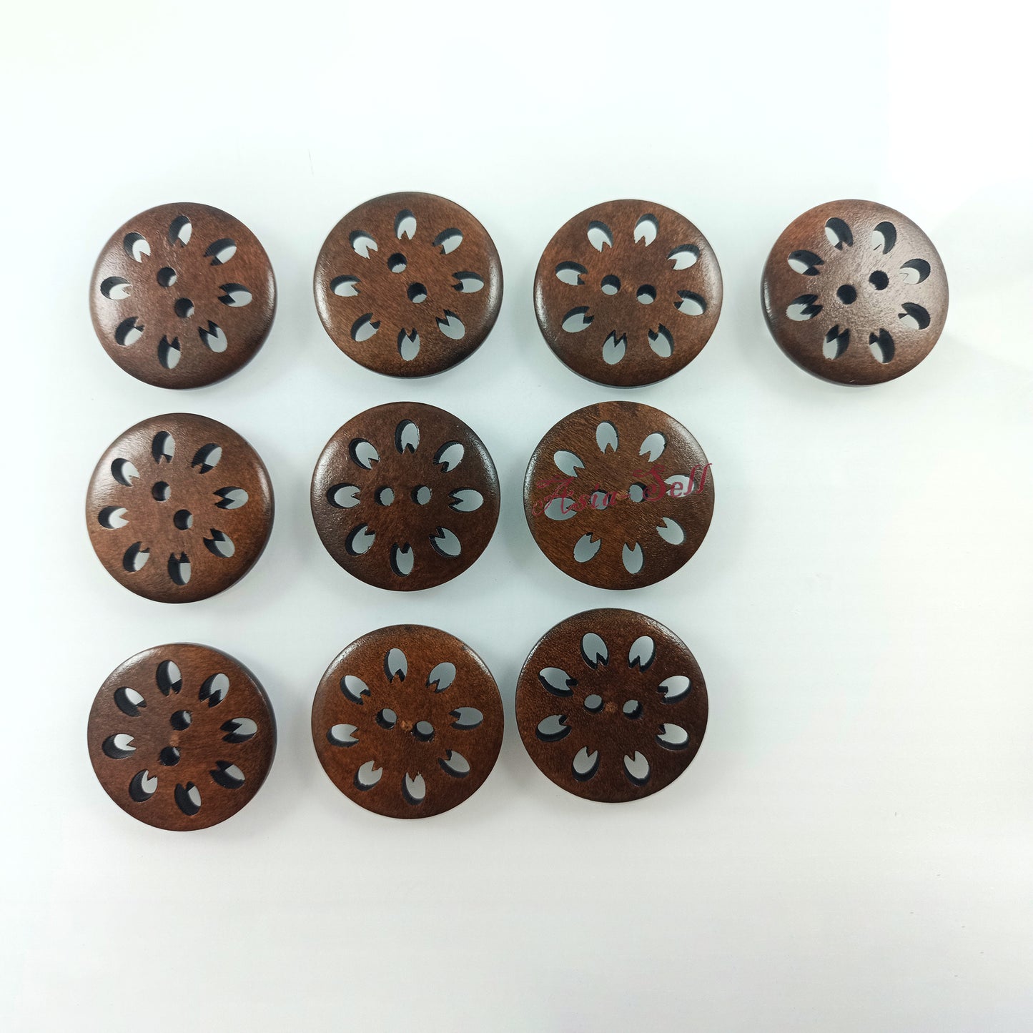 10pcs 30mm Wooden Coat Buttons Coffee 2-Hole Flower Carving Upholstery Garment Clothes