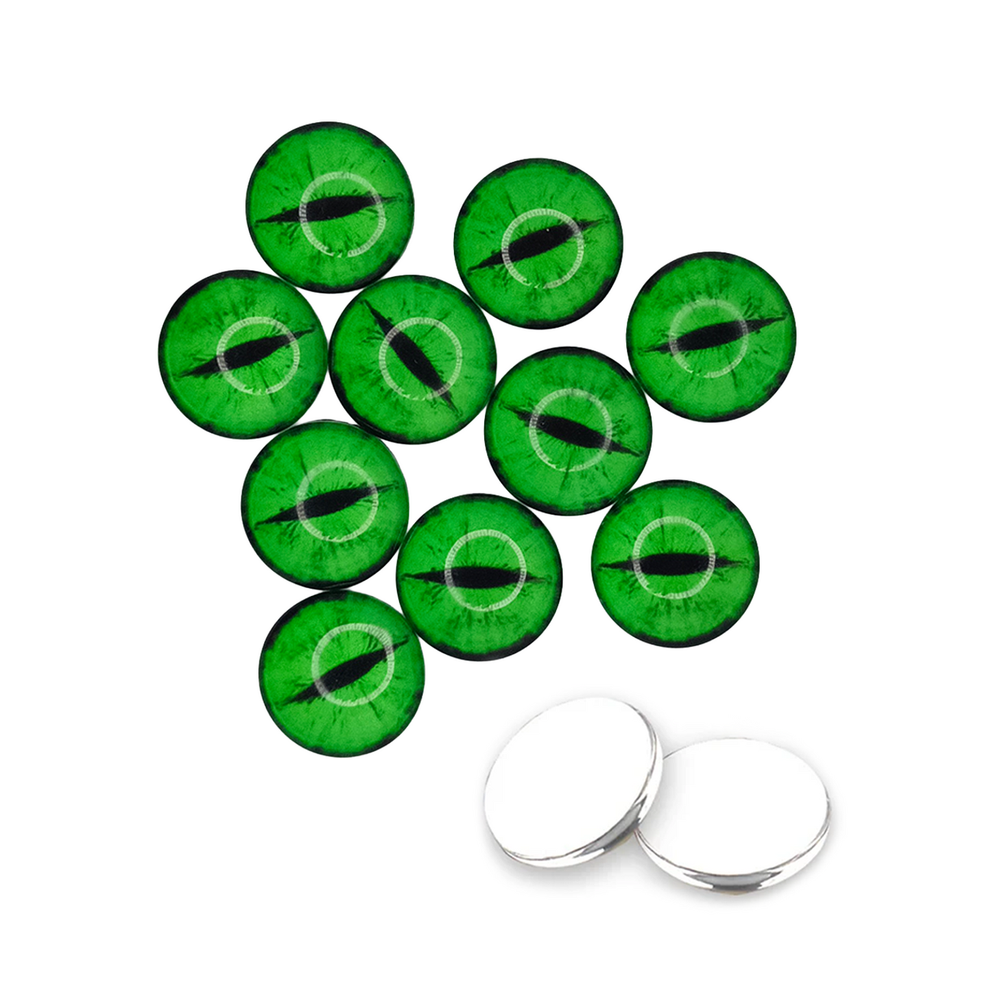 Green eye-shaped cabochons with black slit pupils on a white background