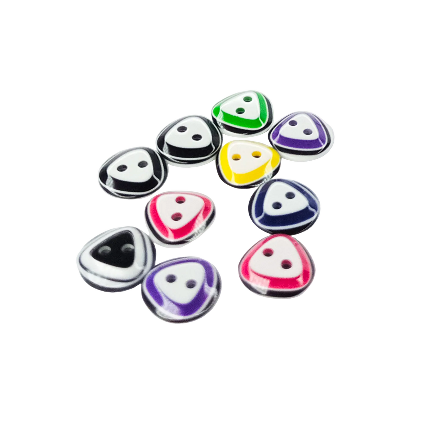 A group of small teardrop-shaped resin buttons with a glossy finish, featuring a white center with two black dots and a curved border in various colors including green, black, purple, yellow, blue, pink, and red. They are arranged on a white background.