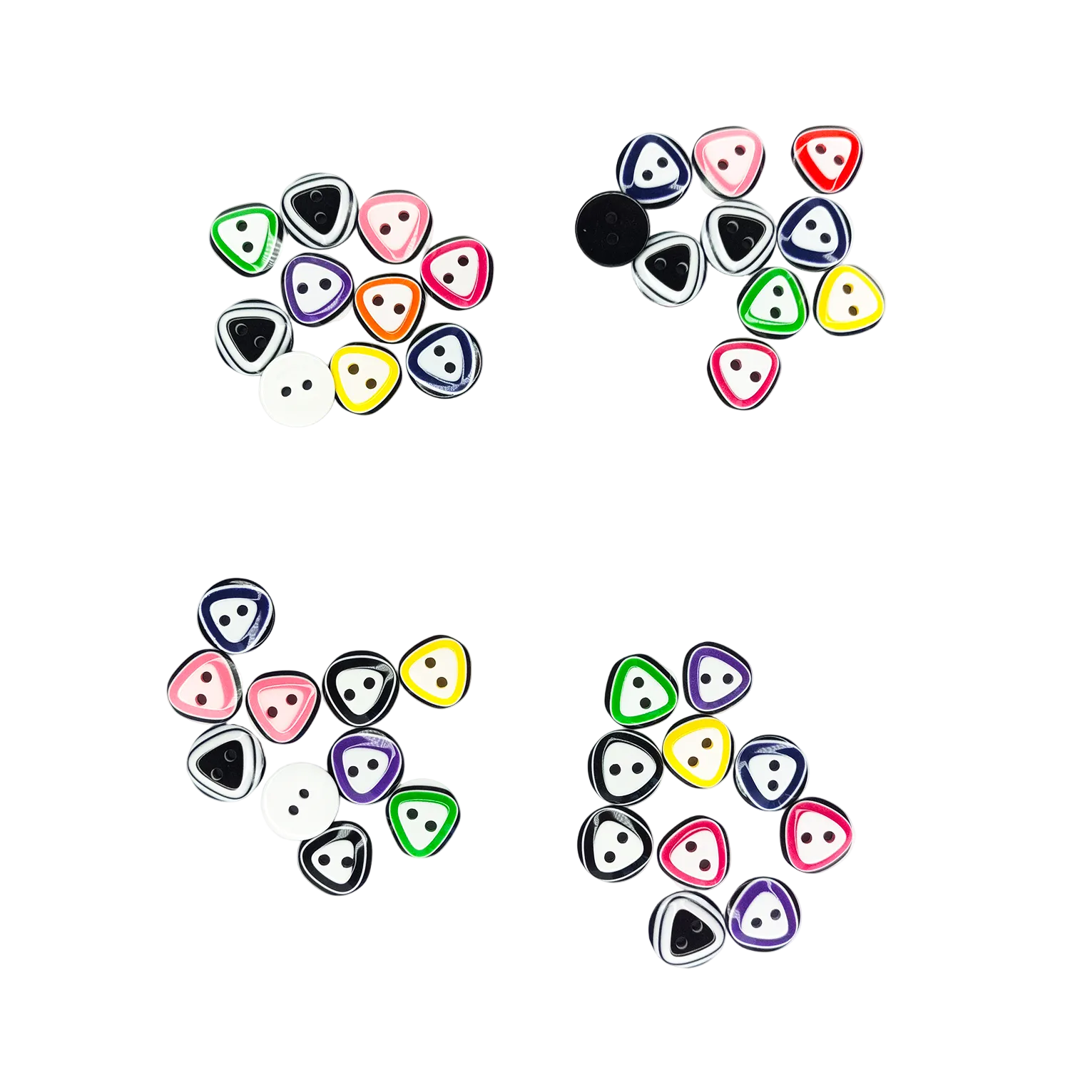 Four small clusters of colorful resin triangular buttons with black centers and two holes, arranged on a plain white background. The beads come in multiple colors including pink, red, green, yellow, purple, white, and black.