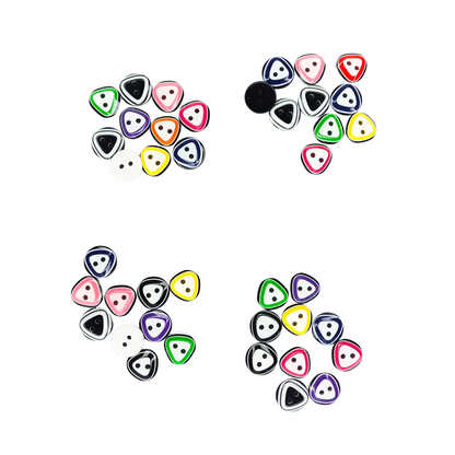 Four small clusters of colorful resin triangular buttons with black centers and two holes, arranged on a plain white background. The beads come in multiple colors including pink, red, green, yellow, purple, white, and black.