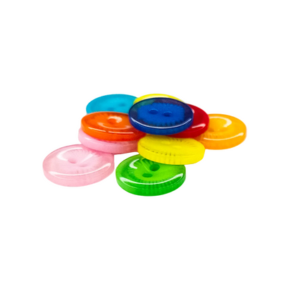 A pile of translucent round resin buttons in assorted bright colors including pink, blue, green, yellow, orange, and red, arranged on a white background.