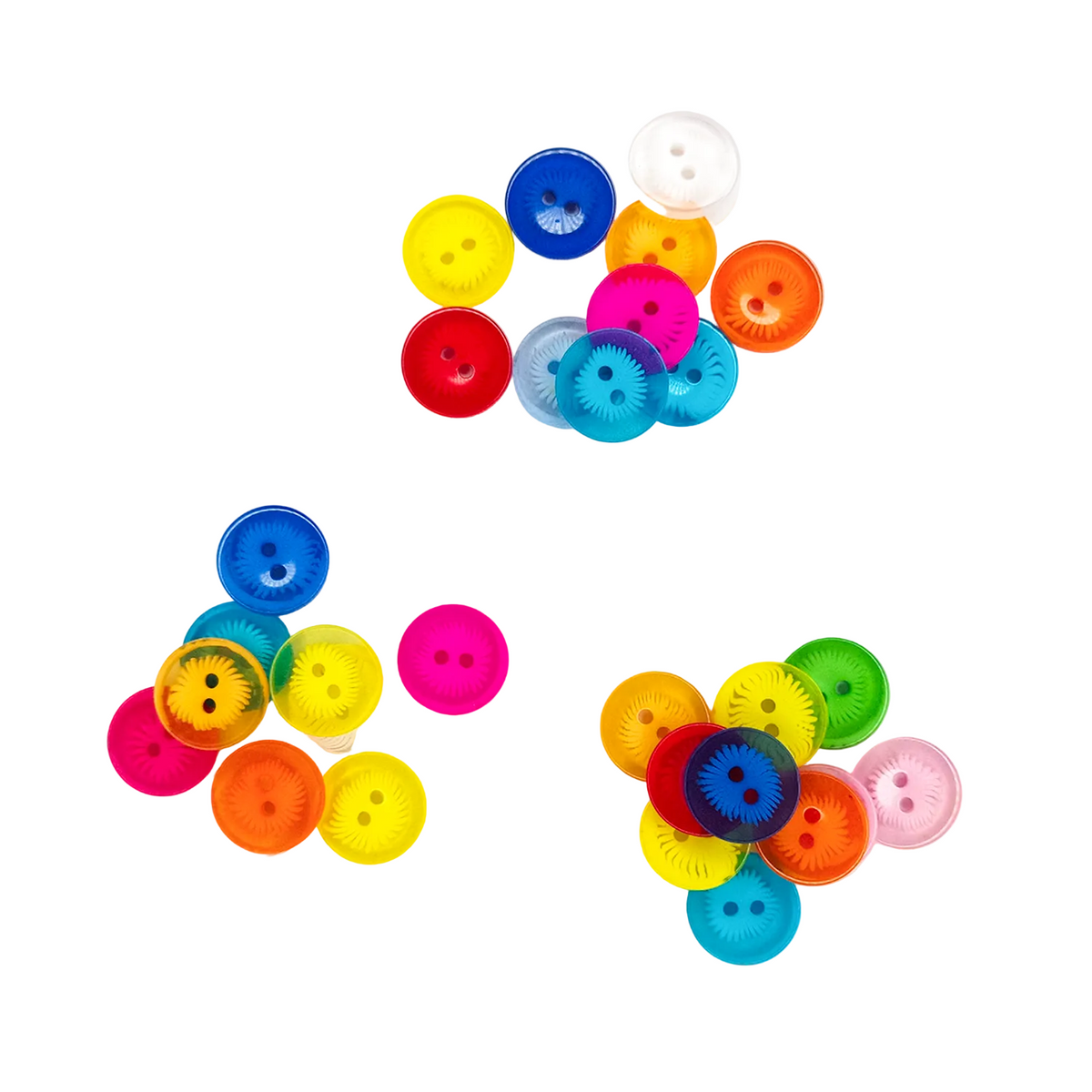Three groups of colorful resin buttons arranged on a white background. The buttons are in multiple bright colors including blue, red, yellow, orange, pink, green, and white.