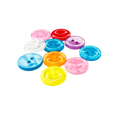 A set of ten colorful resin buttons with a floral design, arranged in a circle on a white background.