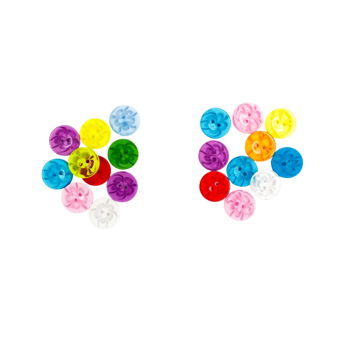 Two small clusters of round resin buttons in assorted bright colors, including purple, yellow, green, blue, red, pink, orange, and white, arranged on a plain white background.