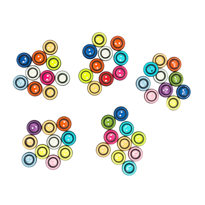 Six clusters of colorful decorative resin buttons featuring a concentric ring, coming in various colors including blue, orange, yellow, green, pink, purple, black, and white.