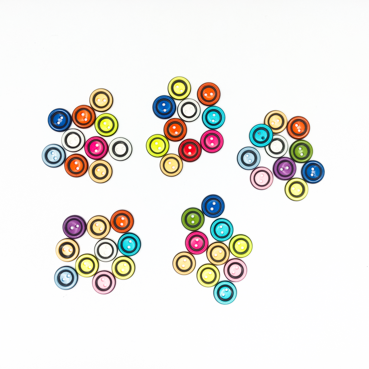 Six clusters of small round decorative resin buttons arranged on a plain white background. The buttons are multicolored, featuring various shades of blue, yellow, pink, orange, green, purple, and white.