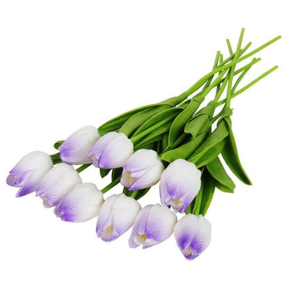 10x Artificial Tulips Flowers 35cm Stem Bouquet Fake Flower Wedding Bridal Decoration - Purple White - - Asia Sell