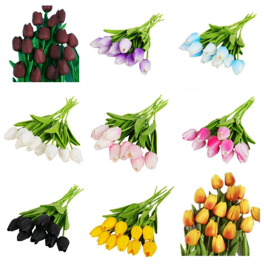 10x Artificial Tulips Flowers 35cm Stem Bouquet Fake Flower Wedding Bridal Decoration SET B - Yellow Orange - Asia Sell