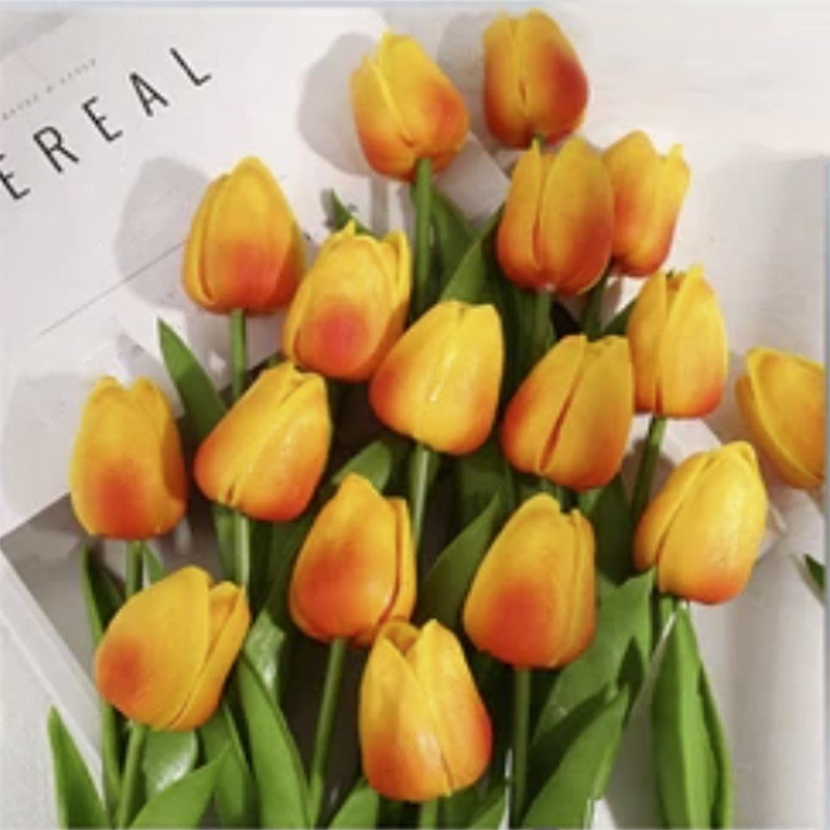 10x Artificial Tulips Flowers 35cm Stem Bouquet Fake Flower Wedding Bridal Decoration - Yellow Orange 2 - - Asia Sell