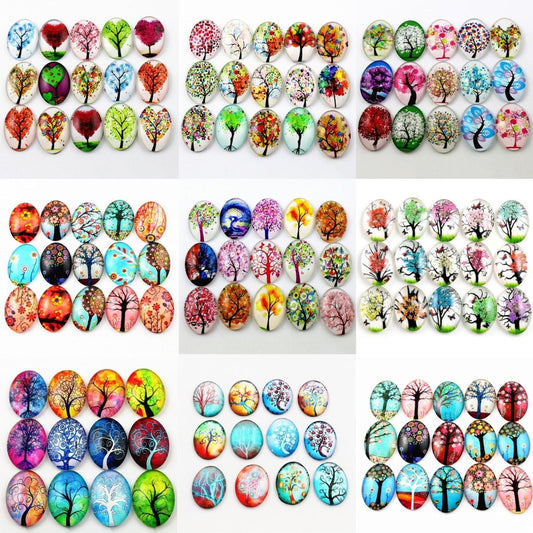 10x Glass Cabochons Flower Tree Life Handmade Oval Shape 18x25mm Jewellery Set A - Autumn - Asia Sell
