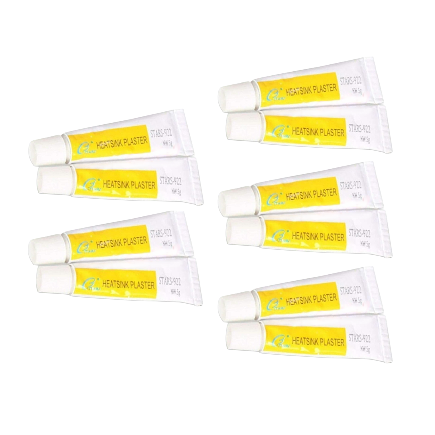 10 tubes of heatsink plaster with yellow labels on a white background