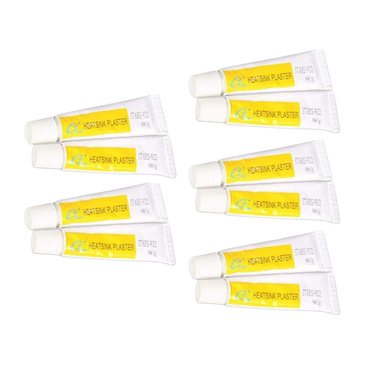 10 tubes of heatsink plaster with yellow labels on a white background
