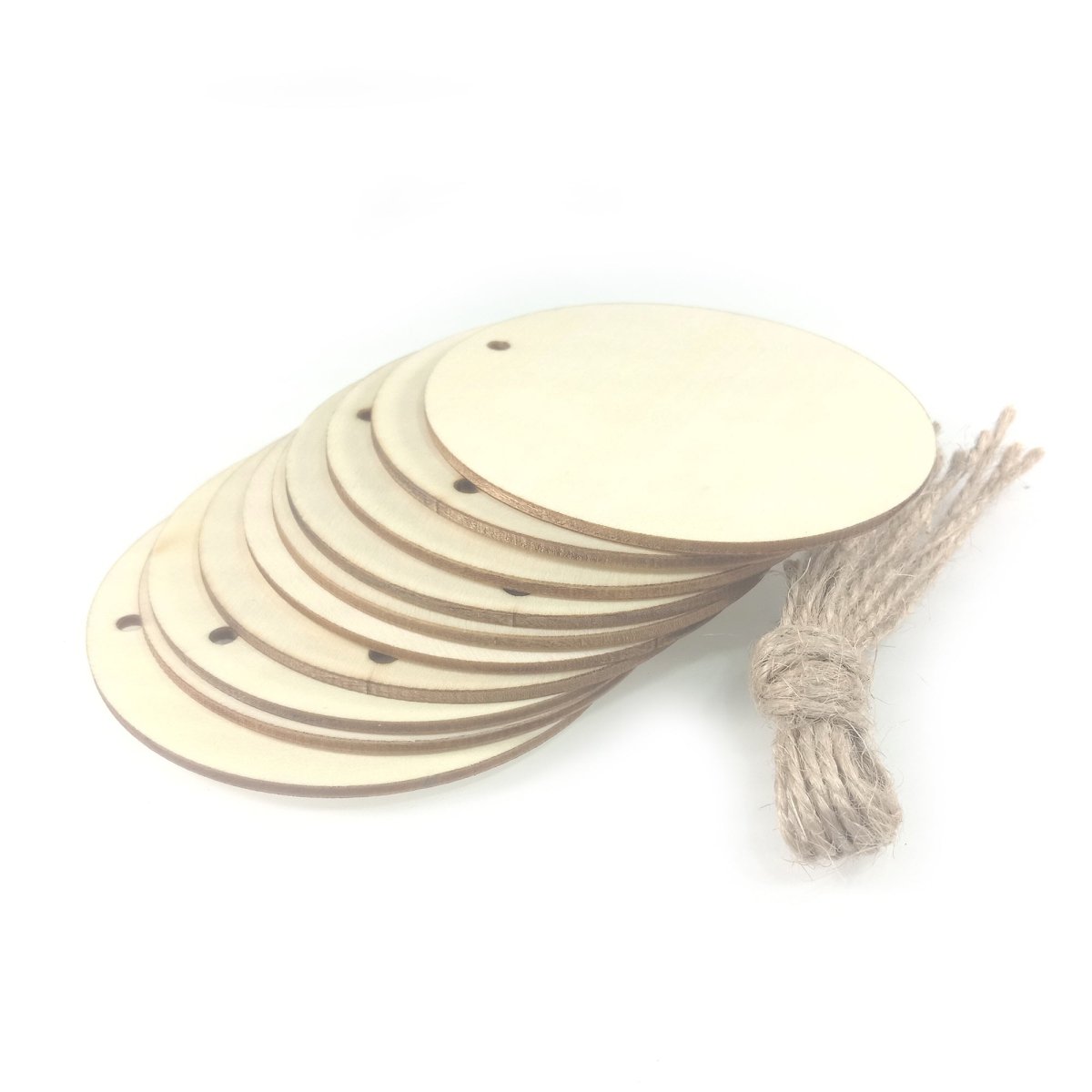 10x Wooden Circles + Strings 75mm x 2mm with Hole Wood Craft with Rope - - Asia Sell