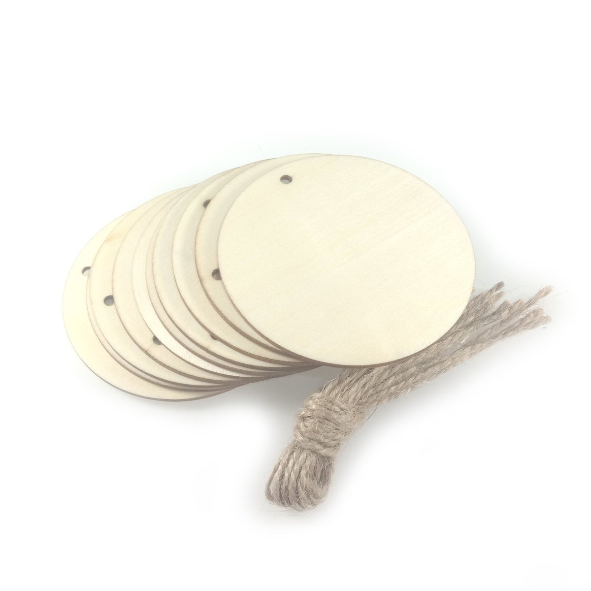 10x Wooden Circles + Strings 75mm x 2mm with Hole Wood Craft with Rope - - Asia Sell