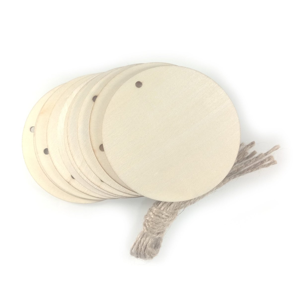 10x Wooden Circles + Strings 75mm x 2mm with Hole Wood Craft with Rope - - Asia Sell