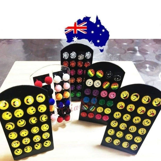 12 Pairs Cute Emoticon Smiley Face Furry Stud Earring Girls Fur Ball Earrings - Smiley 1 - - Asia Sell