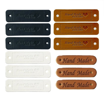 12pcs Faux Leather Clothing Labels for Handmade Clothes Goods DIY Sewing Tags Hand Made - Brown Large - - Asia Sell
