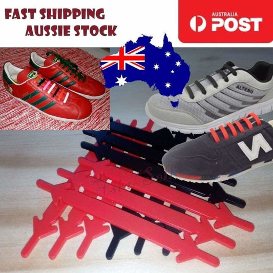 12pcs No Tie Shoelaces RED BLACK Womens Mens Shoe Laces Plastic Silicone - Asia Sell