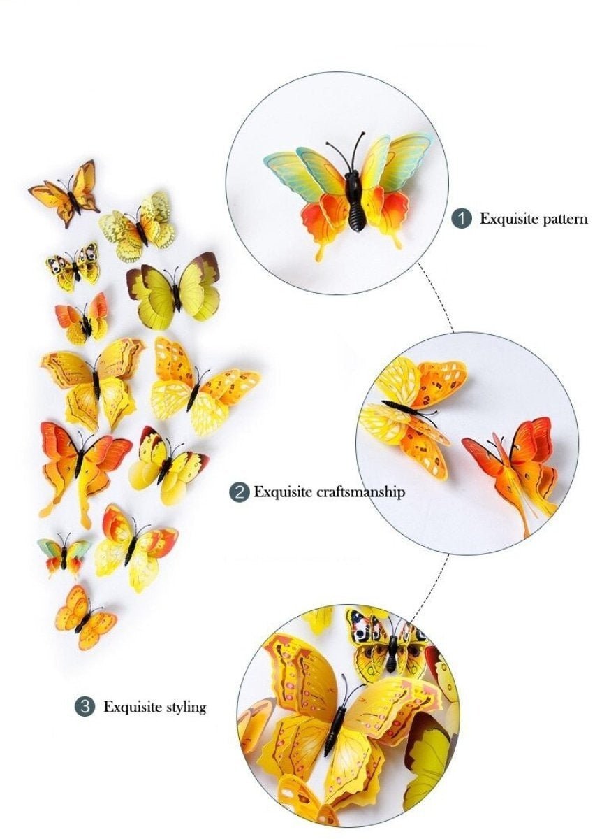 12x Double Layer 3D Butterfly Wall Sticker Home Decor Butterflies Fridge Magnet - Fuchsia - - Asia Sell