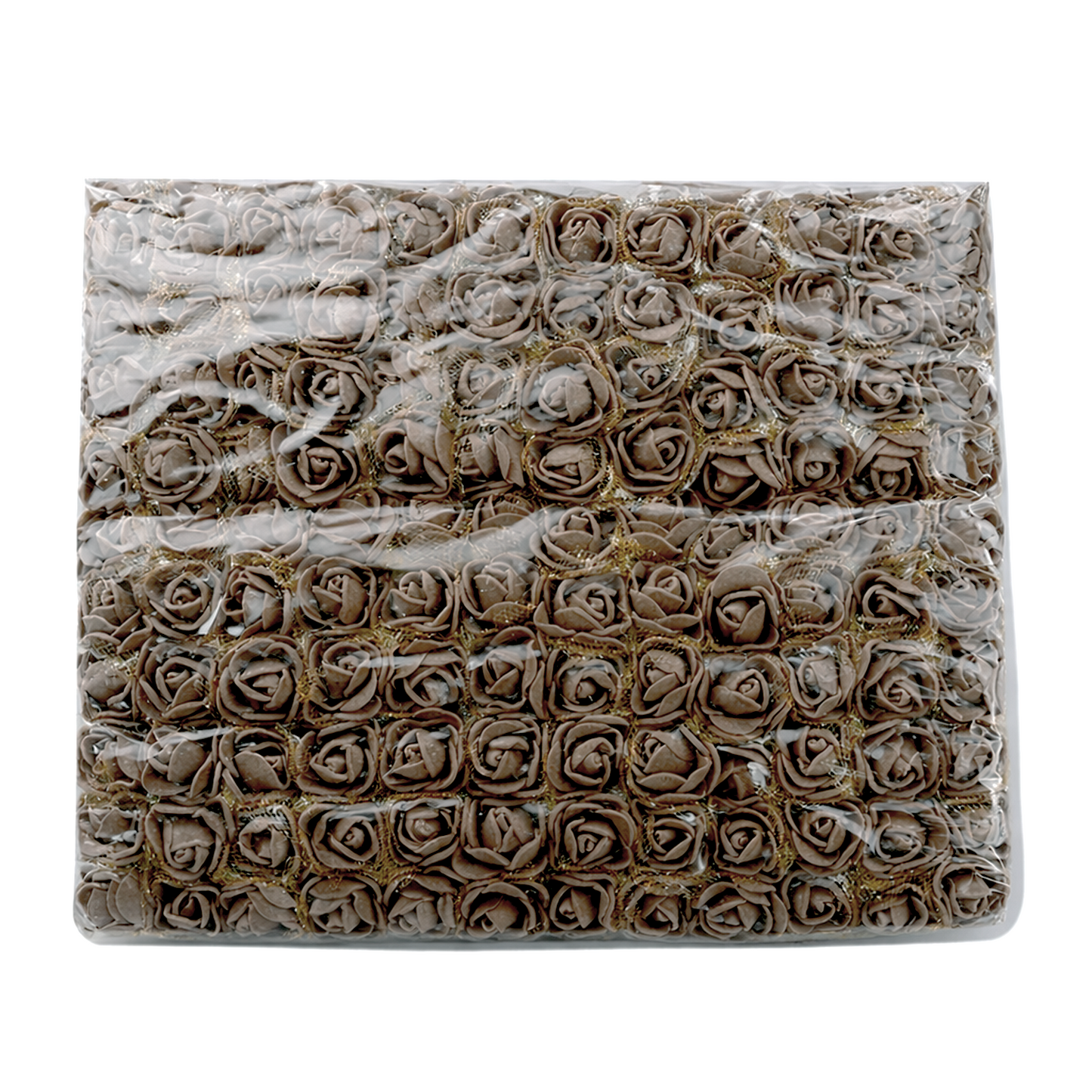 Packaged grey brown artificial roses in a clear plastic bag on a white background