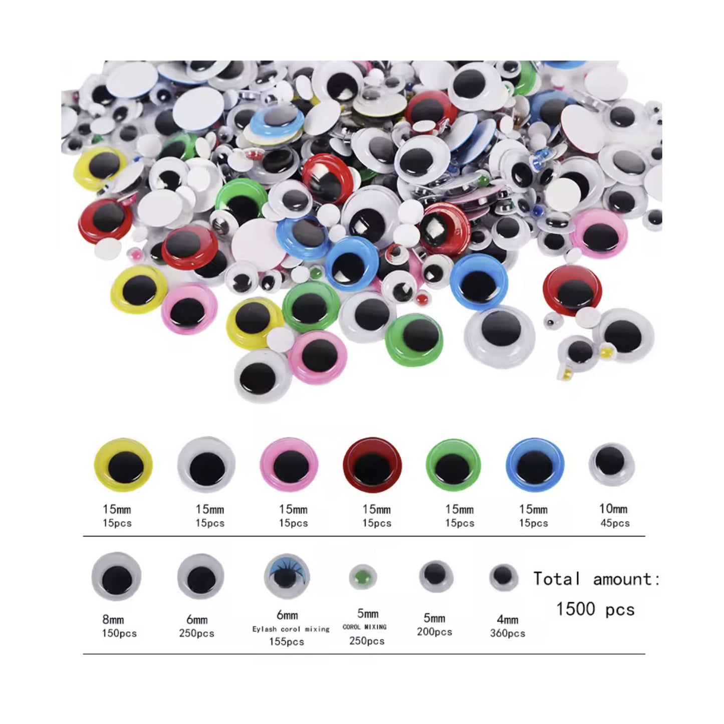 1500pcs 4-15mm Movable Self-Adhesive Eyes Wiggly Googly Animal Eyeball Childrens DIY Crafts