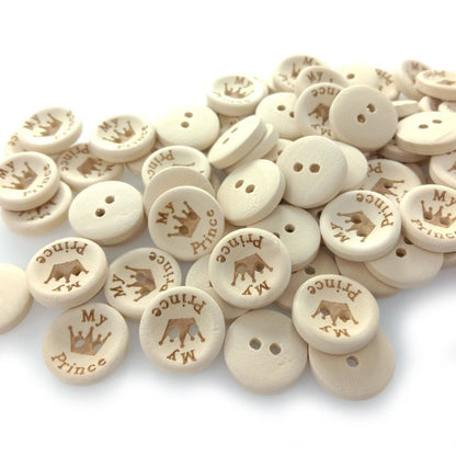 15/20/25mm My Princess My Prince Wooden Buttons Natural Wood Baby Clothing Button Sewing - My Prince 15mm 50pcs - Asia Sell