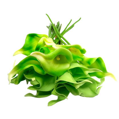 A bouquet of artificial green calla lilies with stems, arranged on a white surface.