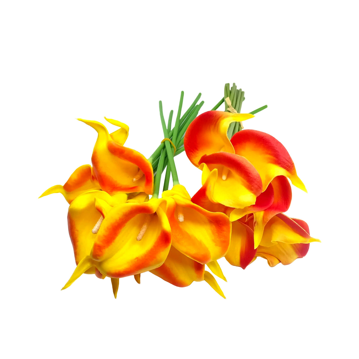 A bouquet of artificial calla lilies in yellow and red-orange tones with green stems, arranged on a white background.