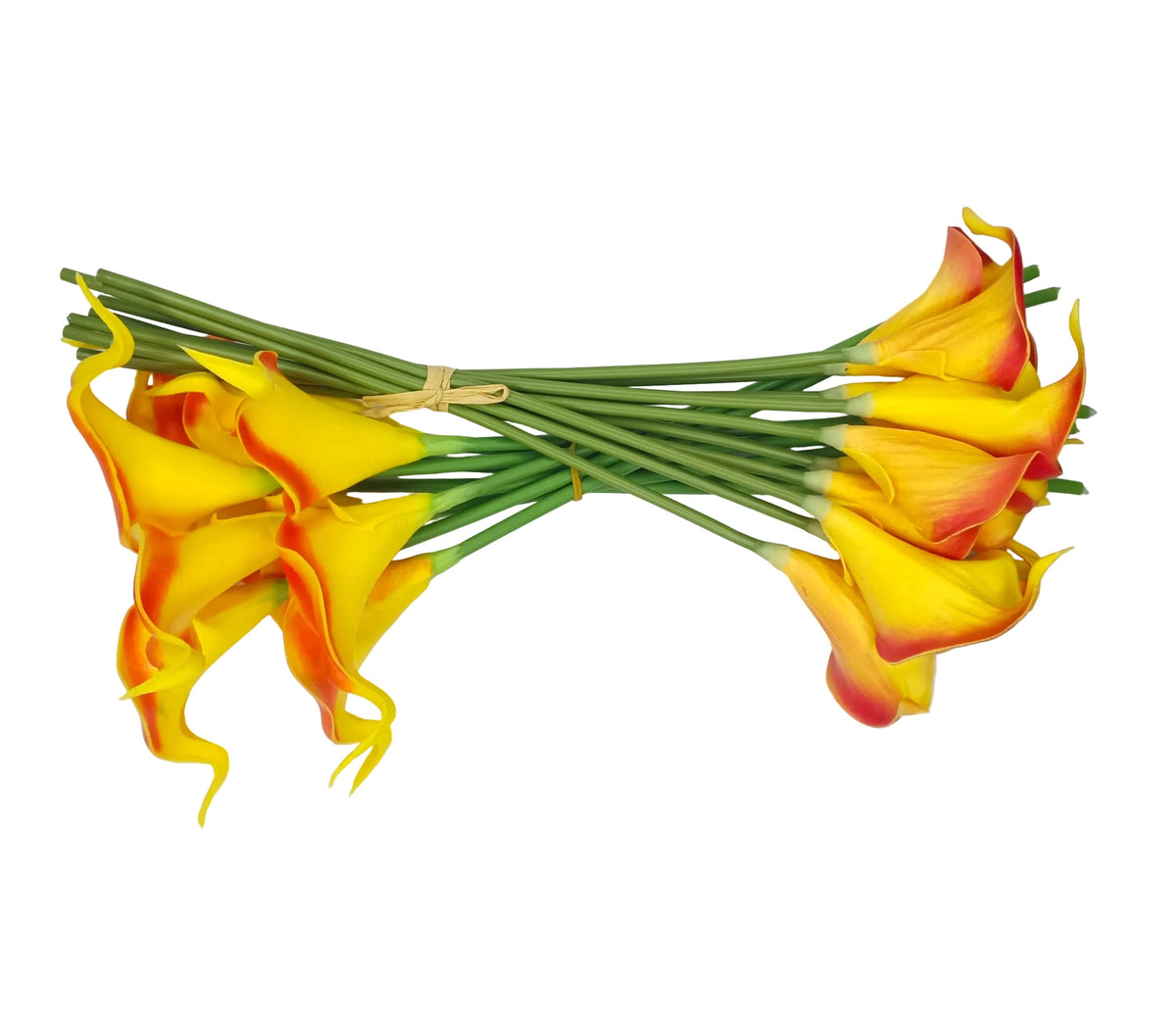 A bouquet of artificial yellow calla lilies with red-orange edges and green stems, tied together with a small piece of string, displayed on a white rectangular board against a white background.