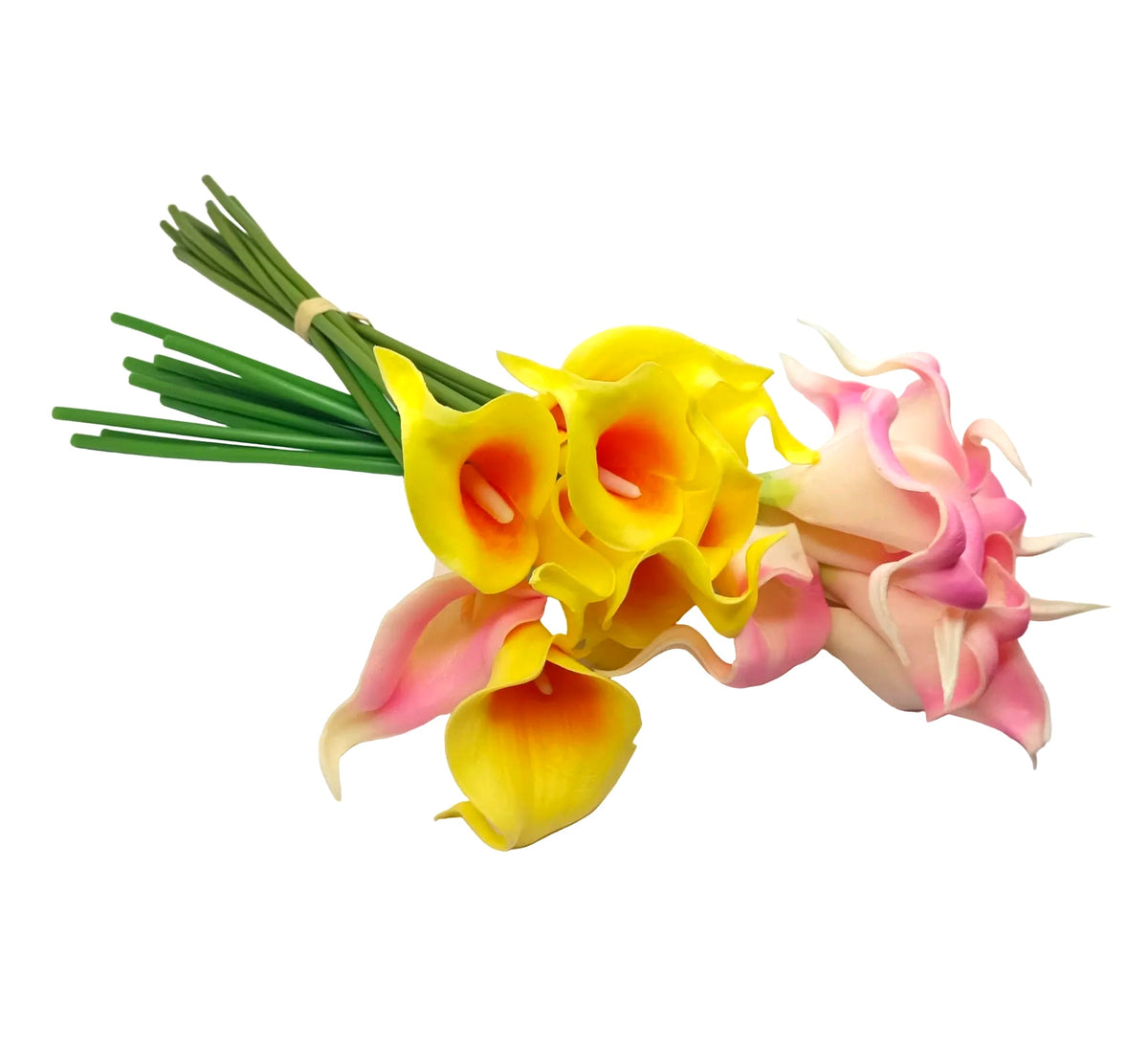 A bouquet of artificial calla lilies with green stems, featuring bright yellow flowers with orange centers and pink-and-white flowers, arranged on a white surface.